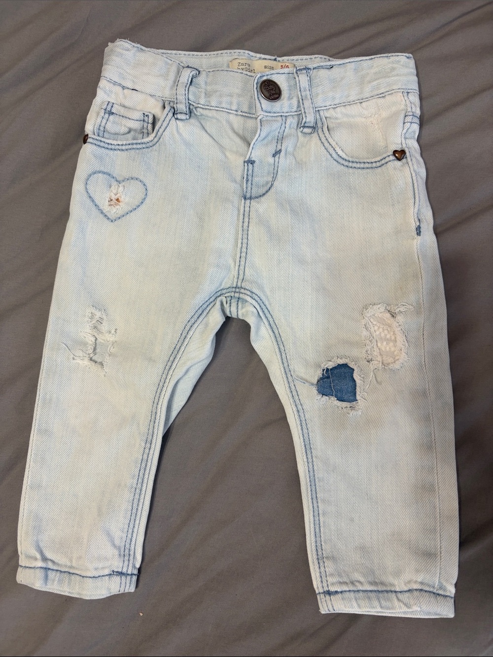 Zara Light Wash Distressed Kids Jeans with Heart Patch